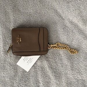 Coach Dark Stone Leather Card Case with Gold Chain